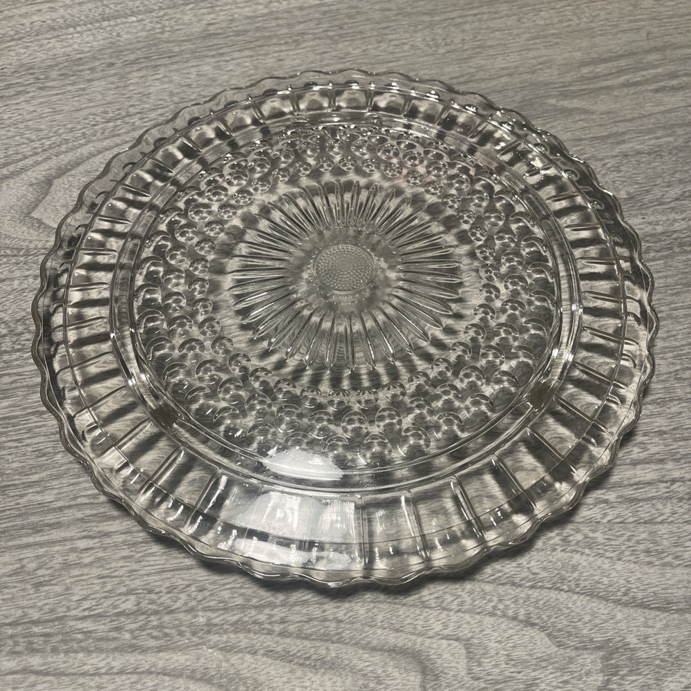 Vtg Federal Glass Co Footed Cake Plate Clear Dots Panels Sunburst 11 1/4 Inches